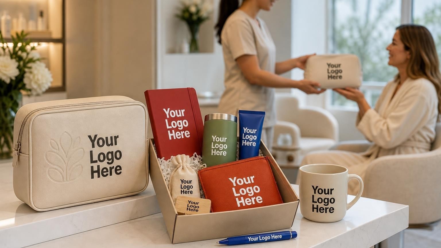 A premium custom-branded cosmetic bag on a luxury medical spa reception counter, with an injector handing a recovery kit to a client in the background.
