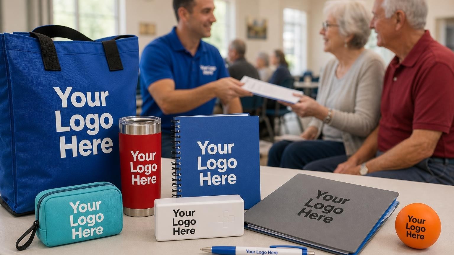 A custom pill box and welcome folder sit on a table as a Medicare agent hands a document packet to a senior couple at a community seminar.