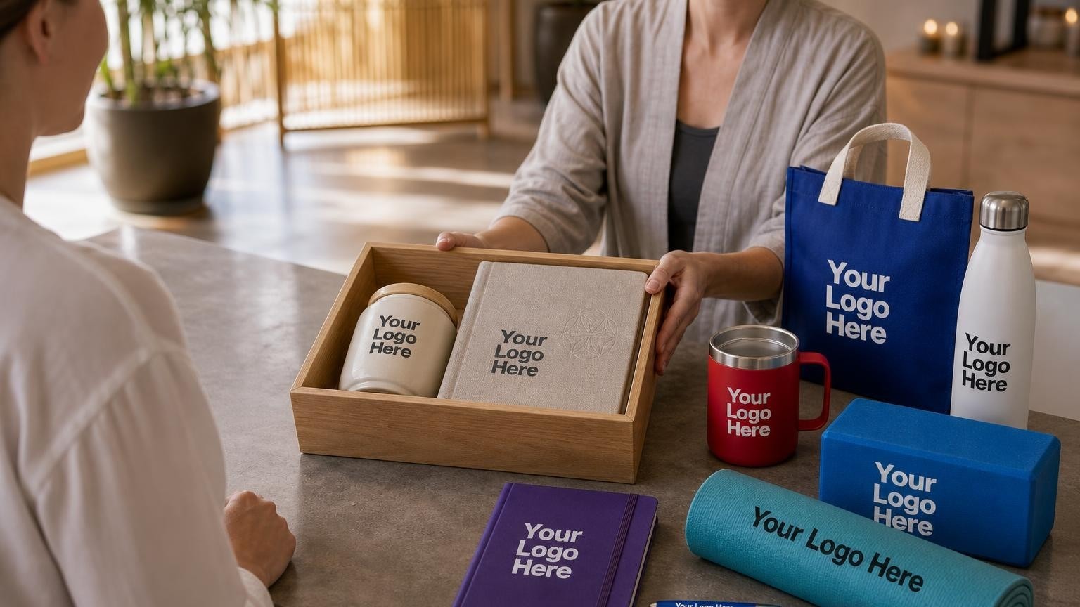A custom wooden welcome box on a minimalist meditation studio counter, representing a thoughtful onboarding gift for new wellness members.