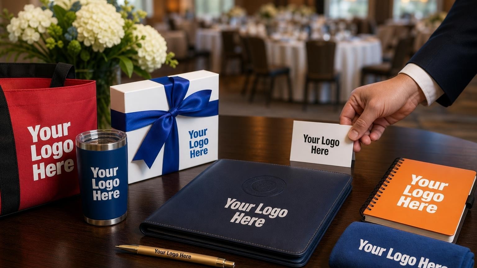A premium debossed leatherette portfolio and brass pen on a table at an association awards banquet, representing professional prestige and tangible membership value.
