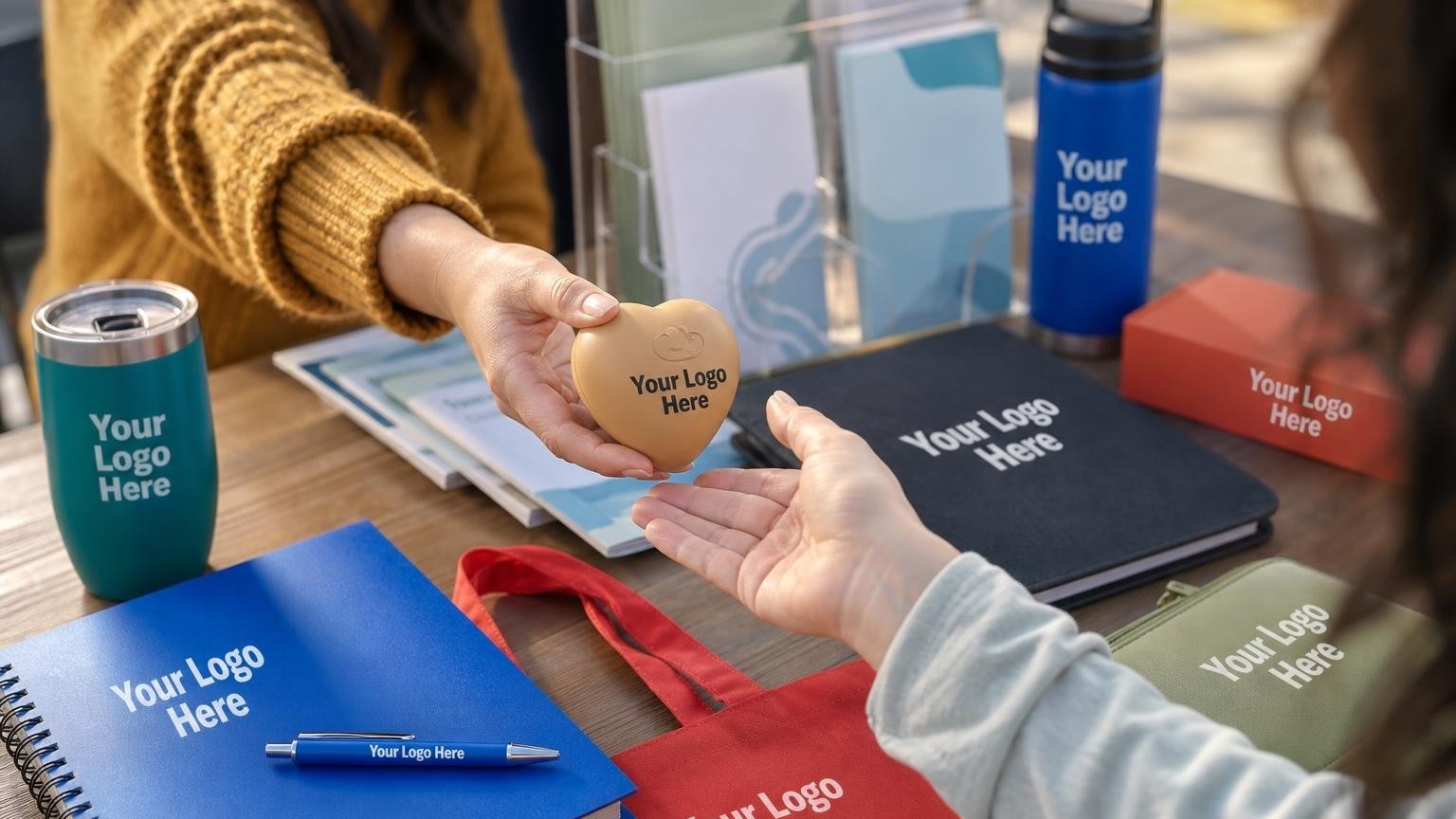 A soft-touch heart-shaped stress reliever being handed to a visitor at a community health fair booth, showcasing a tactile grounding tool for mental health outreach.