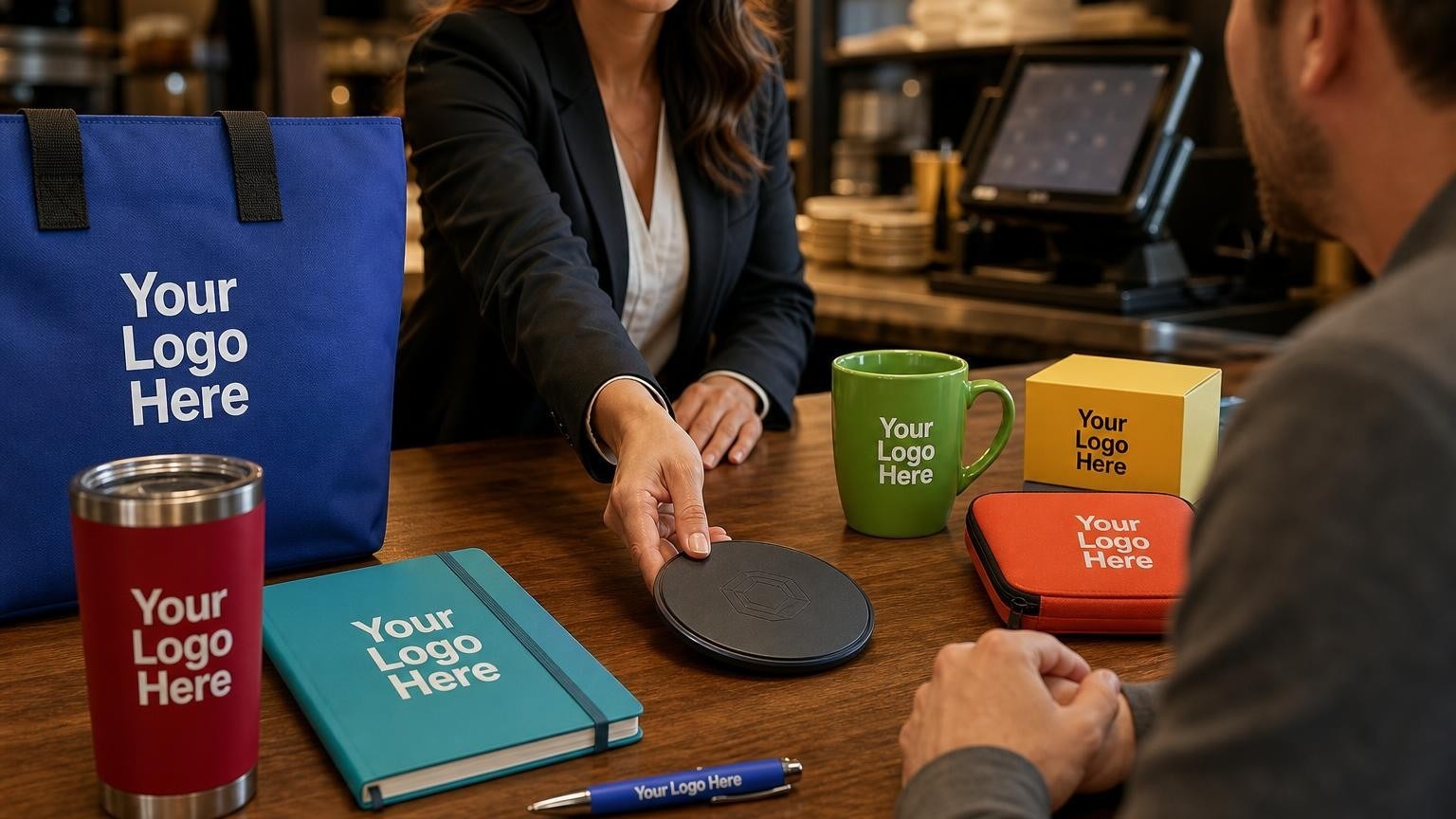 A high-grade wireless charging pad being presented by a sales agent to a restaurant manager in a back office setting.