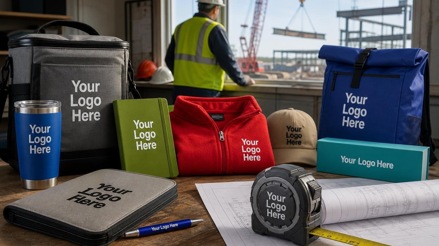 A heavy-duty branded tape measure resting on structural steel blueprints in a construction field office.