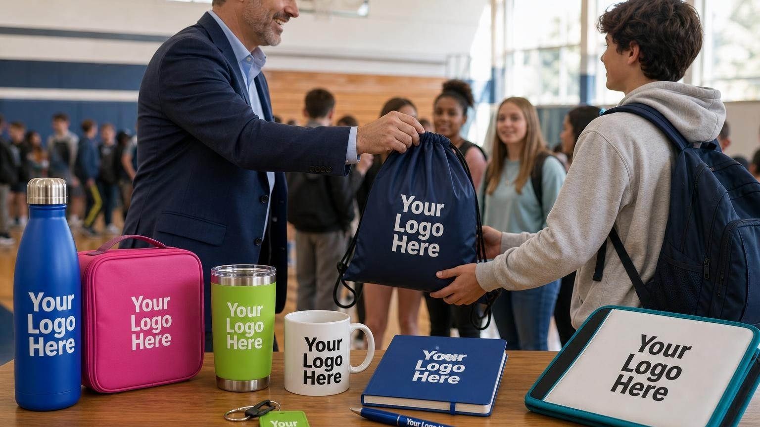 A custom navy drawstring cinch bag and student planner being handed to a middle school student during orientation in a school gymnasium.