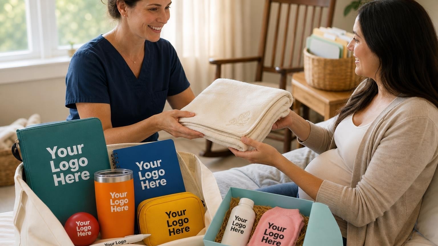 A midwife gently hands a custom embroidered baby blanket to an expectant mother in a sunlit clinic room.