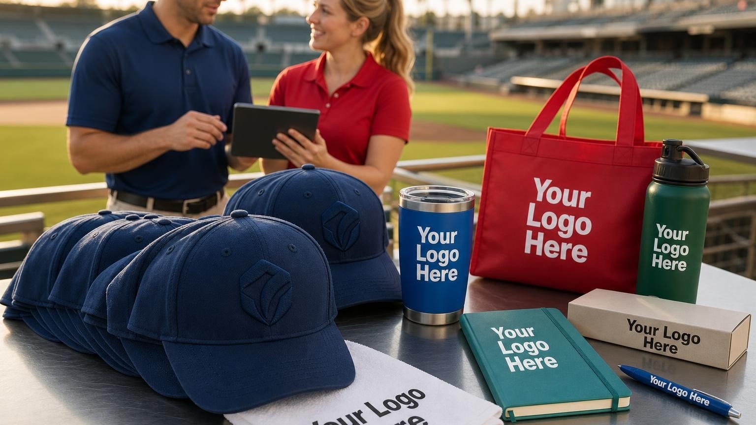 Custom embroidered baseball caps prepared for gate distribution at a minor league sports stadium.