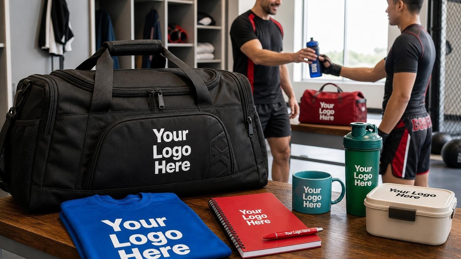 A custom gym duffel bag and folded training t-shirt on a locker room bench in an MMA training facility.