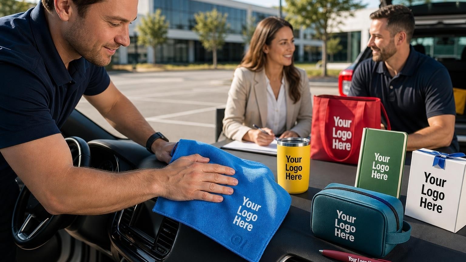 A mobile detailing technician using a custom-branded microfiber cloth to clean a vehicle dashboard in a corporate parking lot.