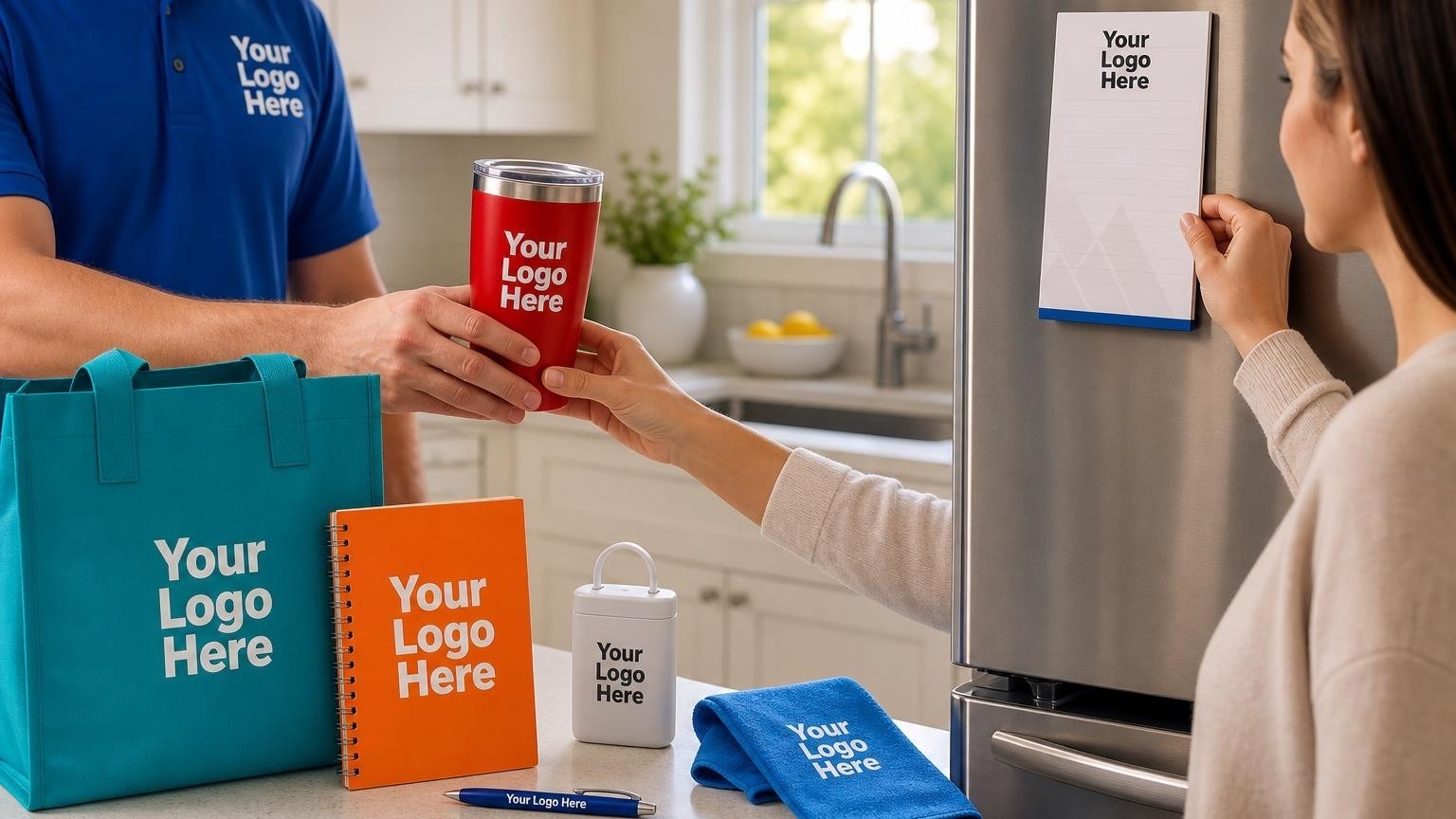A custom magnetic notepad being placed on a stainless steel refrigerator in a clean, bright kitchen.