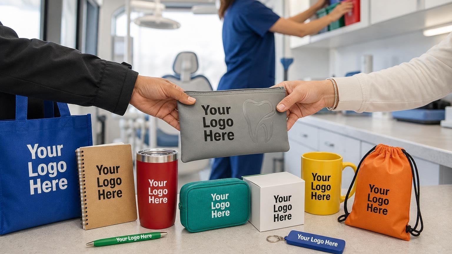 A custom-branded travel dental kit inside a mobile dental clinic van.