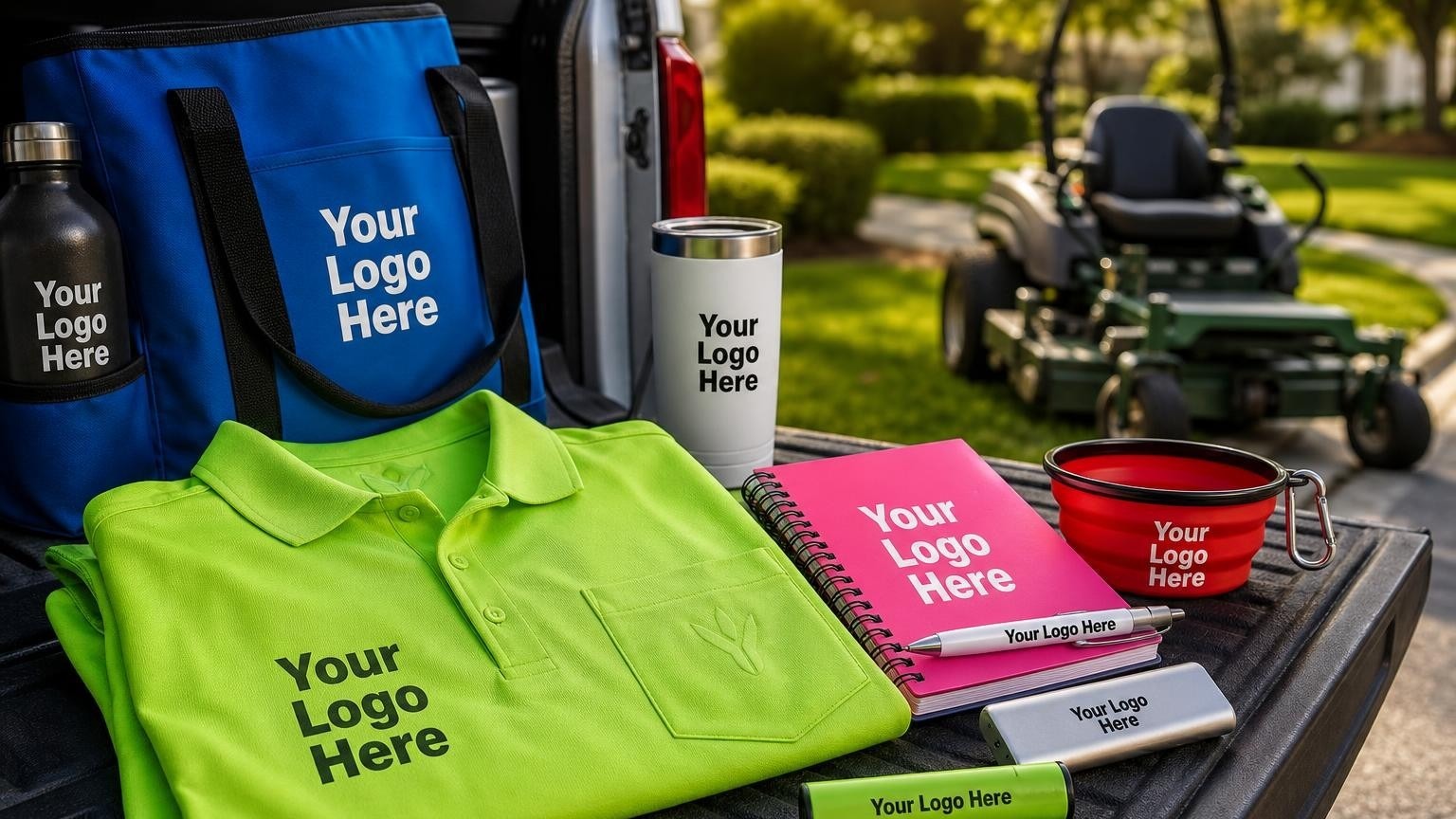 A high-visibility safety green work shirt with a subtle custom imprint resting on the tailgate of a landscaping truck parked near a manicured lawn.