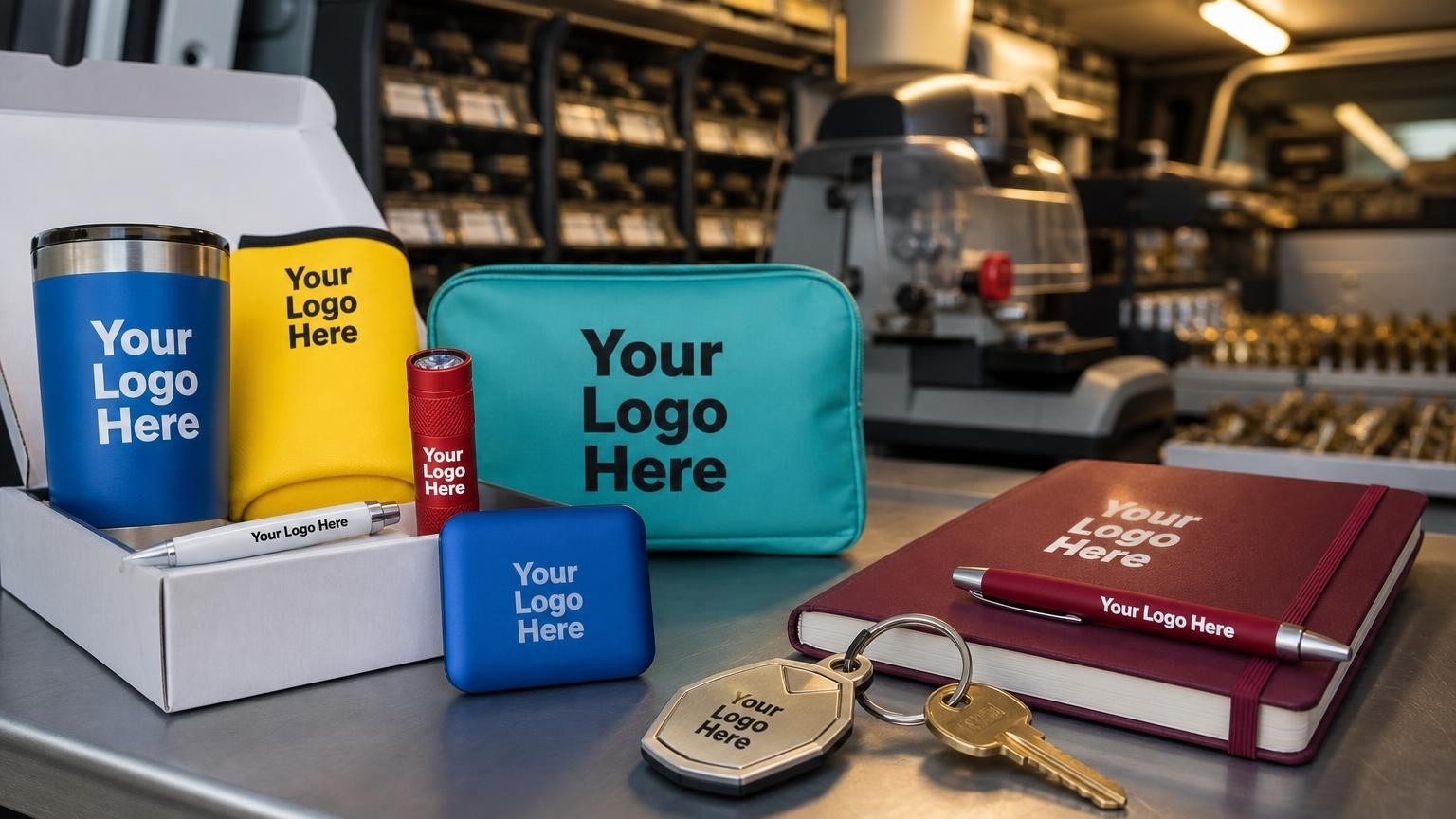 A custom metal keychain and brass key on an aluminum work surface inside a mobile locksmith van.