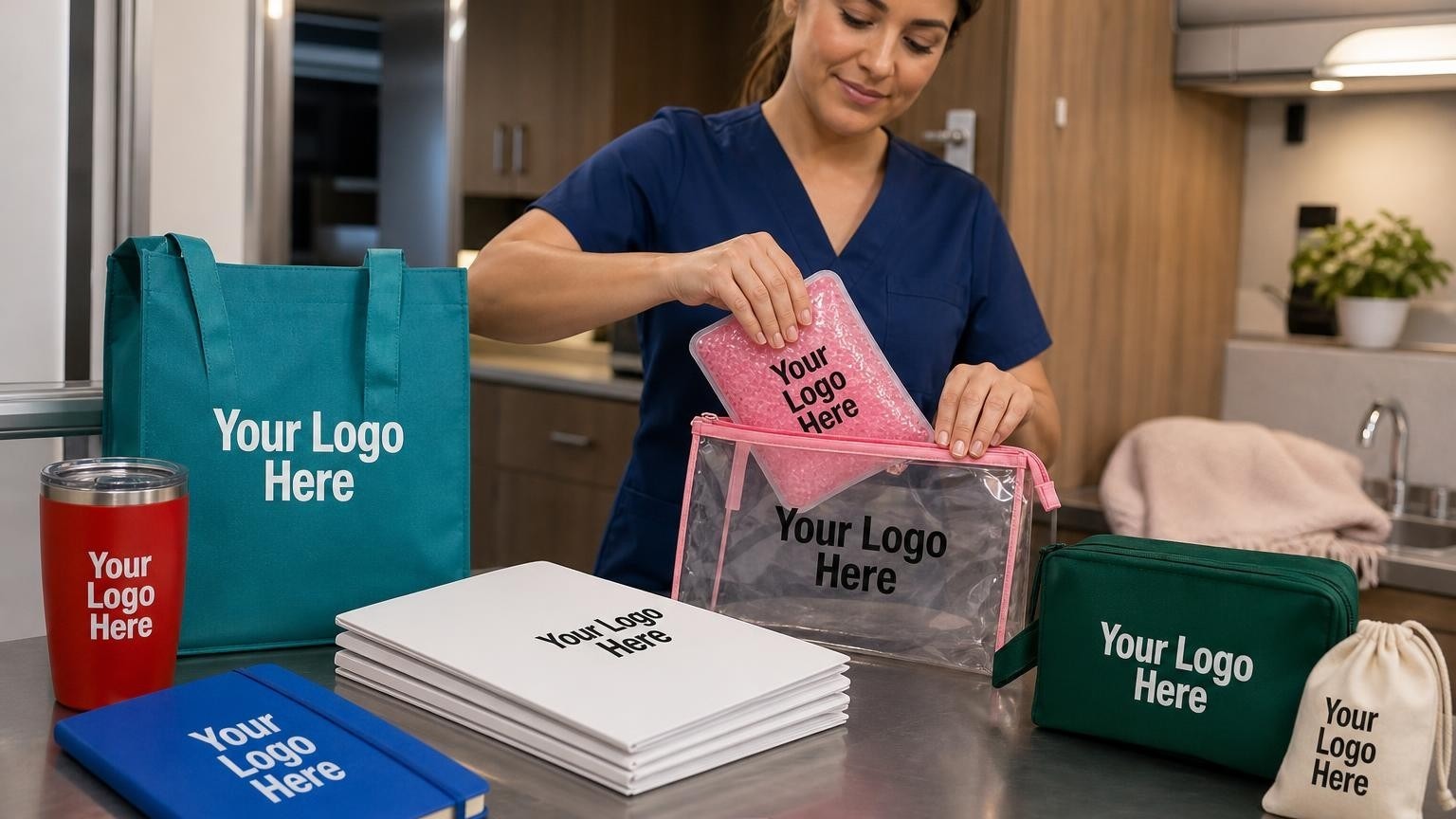 A custom-branded gel hot-cold pack being packed into a patient care kit inside a mobile mammography coach.