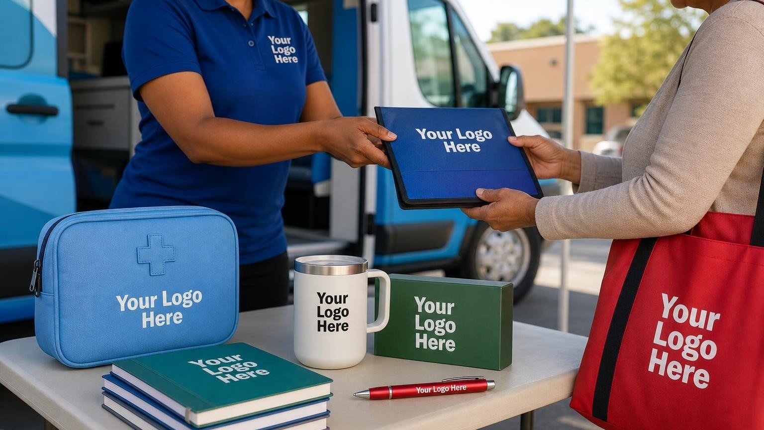 A compact custom first-aid pouch and health journals on a registration table in front of a mobile medical clinic van.