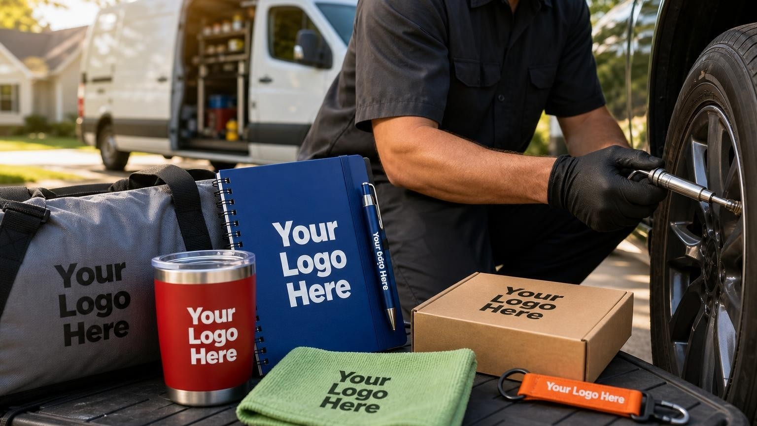 A mobile oil change technician checking tire pressure with a custom-branded metal tire gauge in a residential driveway.