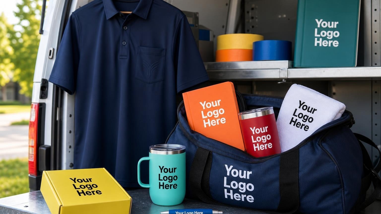 A custom dark navy crew work shirt hanging inside a mobile painting service van next to painter's tape and a care guide folder.