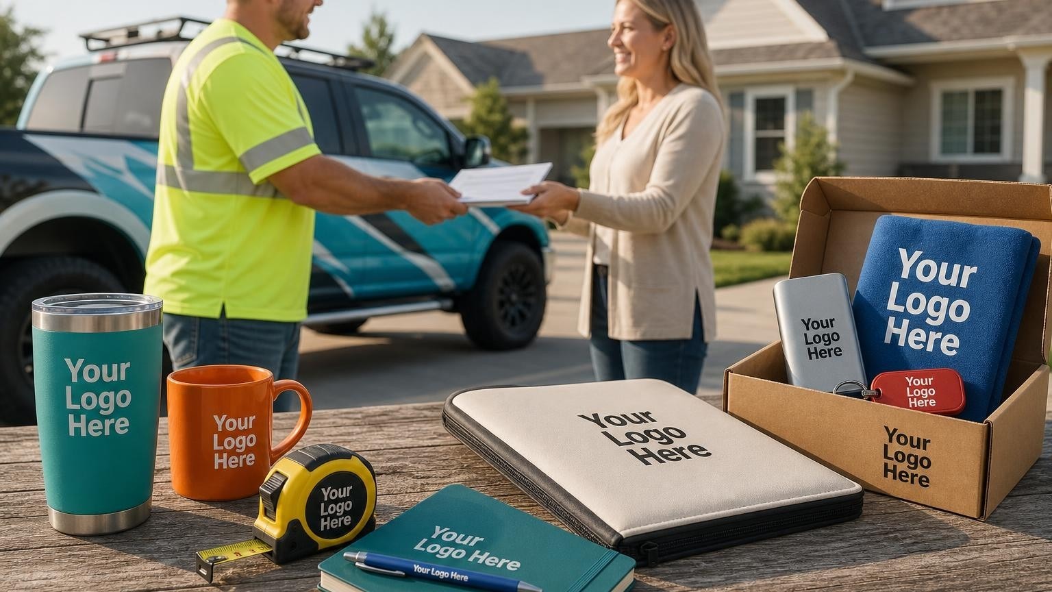 A custom tape measure and weatherproof warranty folder sit on a table at a residential roofing job site as a crew leader speaks with a homeowner.