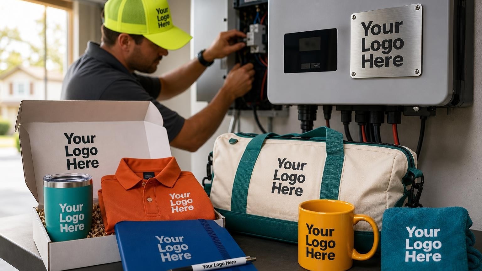 A custom magnetic service card affixed to a solar inverter panel in a residential garage, showcasing durable branding for mobile solar companies.