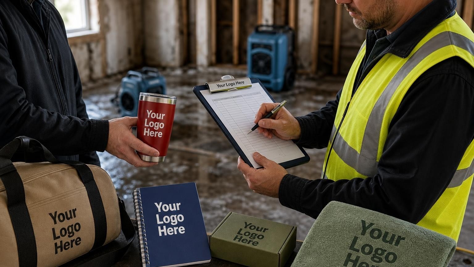 An insurance adjuster using a custom clipboard and pen to document water damage in a residential basement.