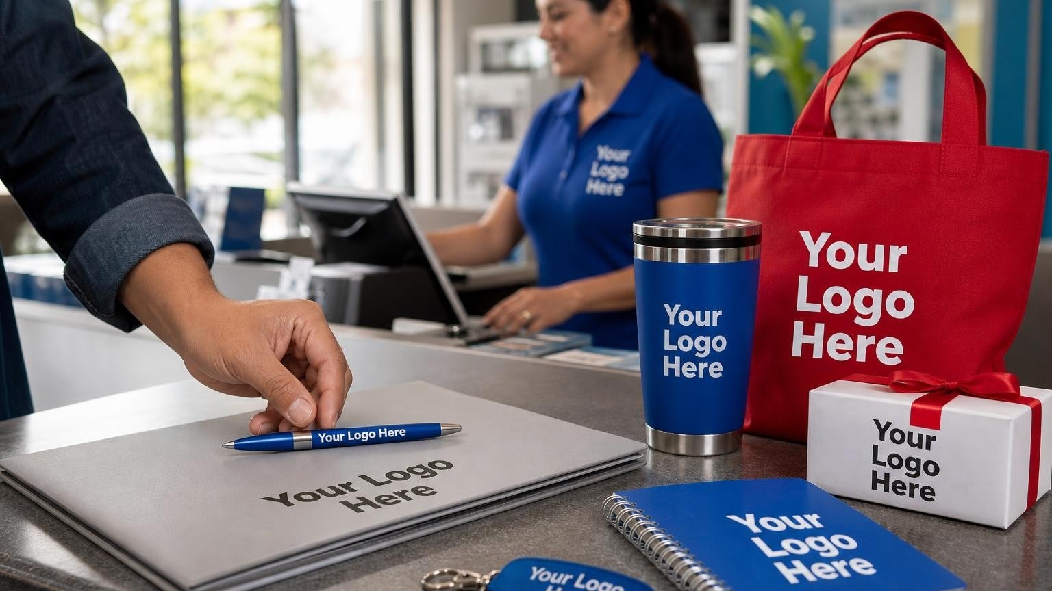 A professional money transfer counter with a reliable pen and organized document folder, with a soft-focus agent in matching apparel in the background.