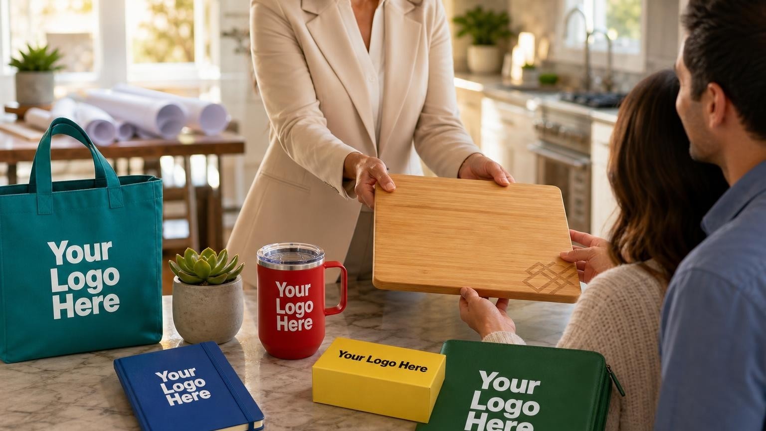 A co-branded bamboo cutting board presented as a closing gift in a bright model home kitchen.