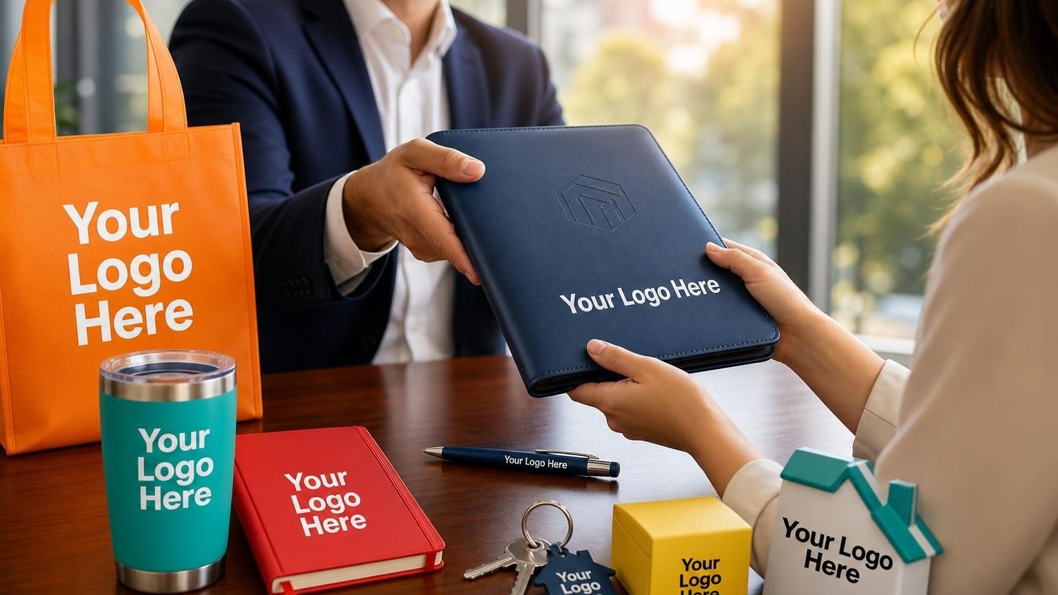 A custom dark blue portfolio and house keys on a polished wooden desk in a bright mortgage office, symbolizing a successful closing table handoff.