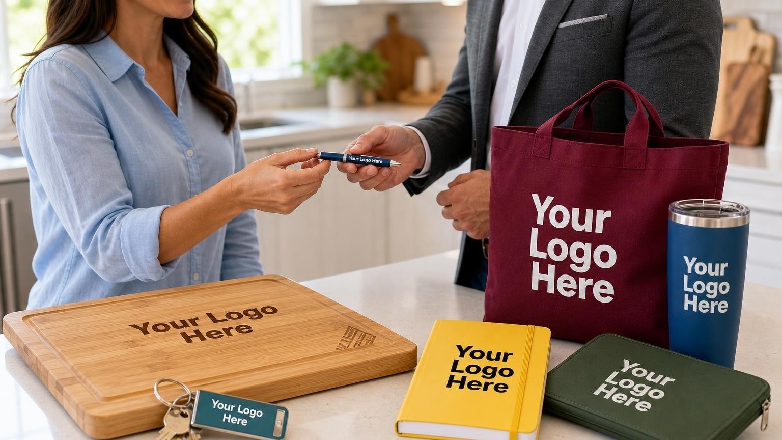 A custom-engraved bamboo cutting board and metal pen on a modern kitchen island, representing a mortgage closing gift.