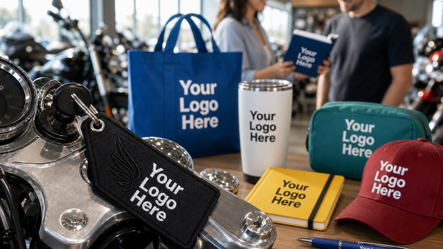 A soft, scratch-free custom fabric key tag resting on the polished triple clamp of a motorcycle in a dealership showroom.