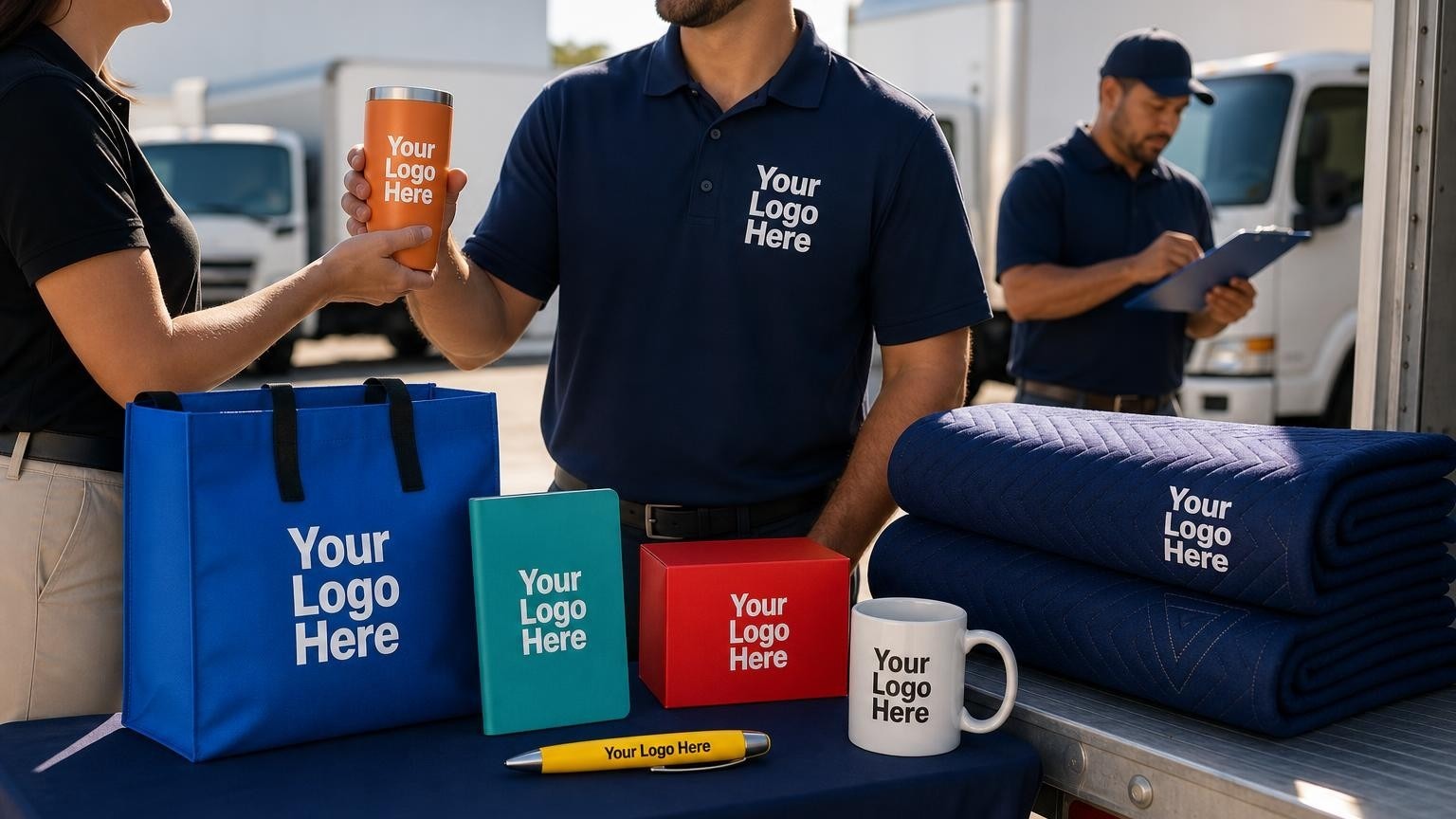 Custom-branded moving blankets stacked on a truck tailgate in a sunny rental yard with a staff member conducting inspections in the background.