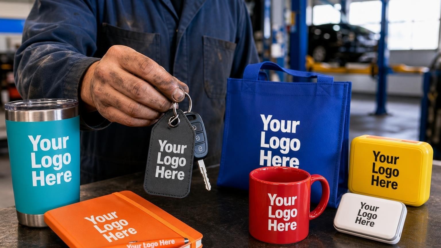 A durable custom key tag attached to car keys, held by a mechanic in a service bay.