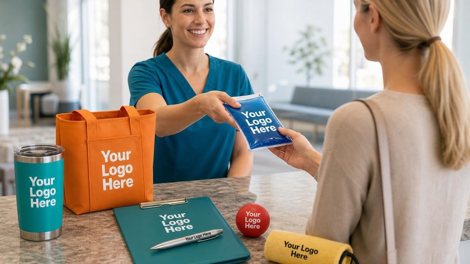 A custom-branded gel cold pack and a polished metal pen on a clipboard at a chiropractic clinic reception desk.