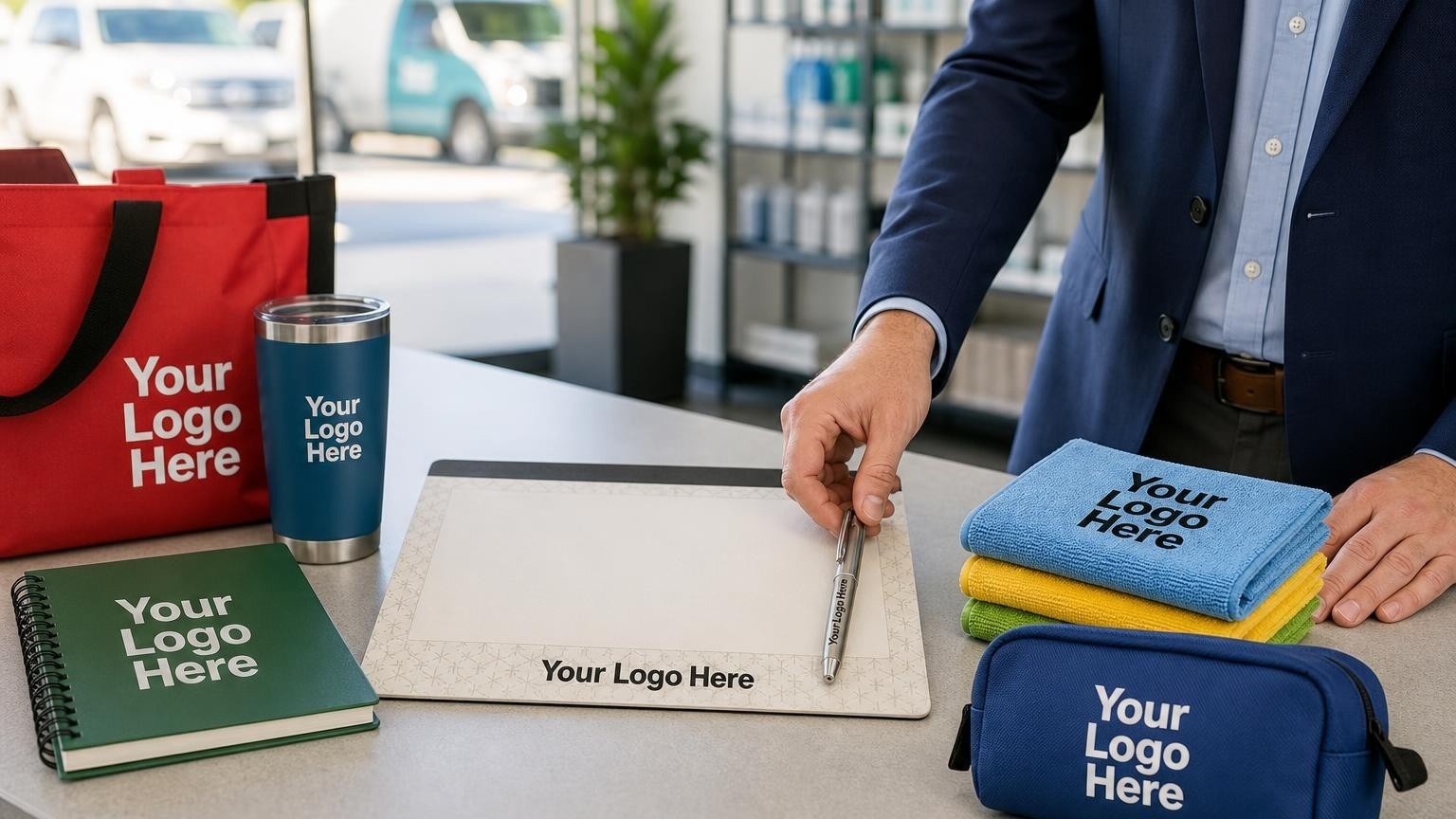 A regional cleaning company manager placing a custom magnetic calendar and a sleek pen on a clean office counter, with professional cleaning equipment blurred in the background.