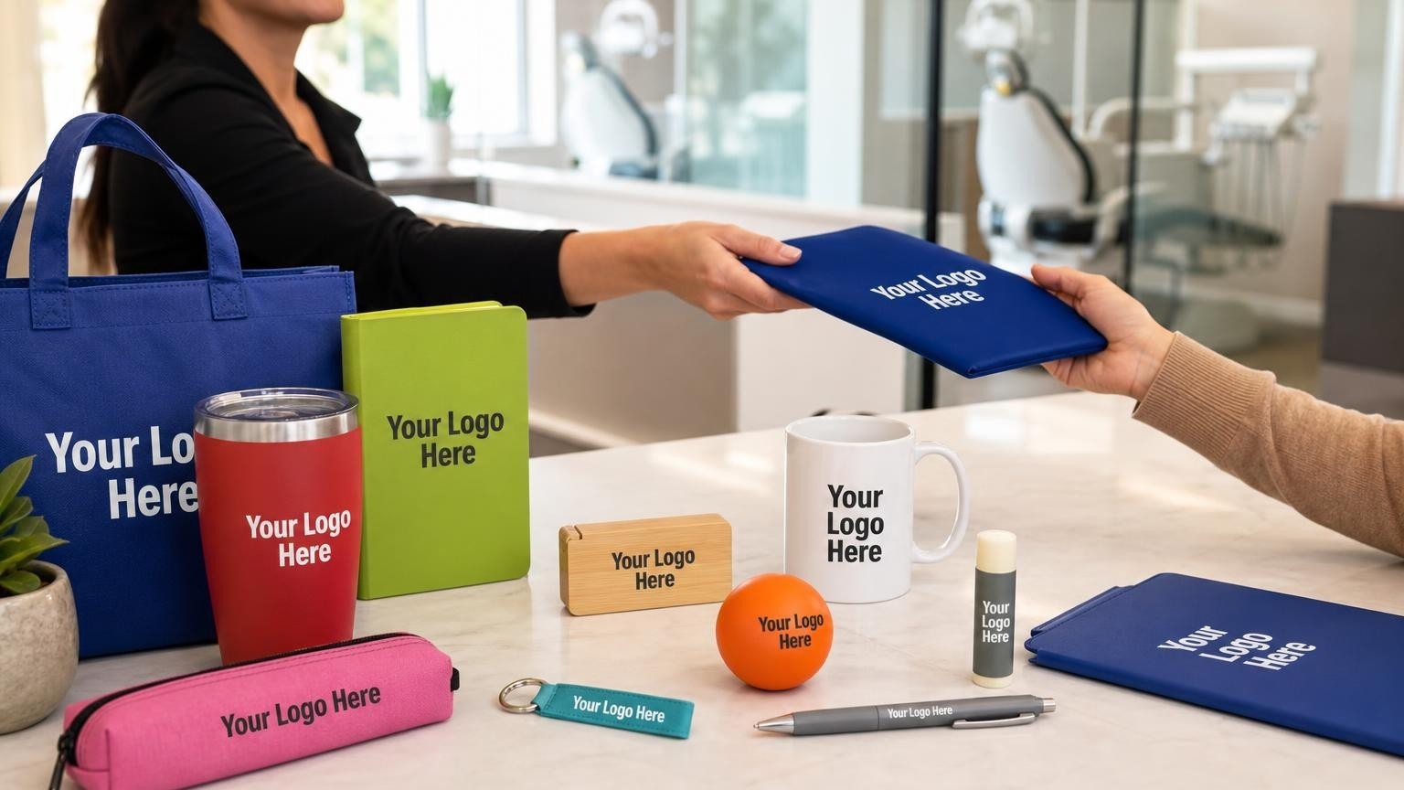 A custom pen and branded lip balm sitting on a modern dental clinic reception desk.