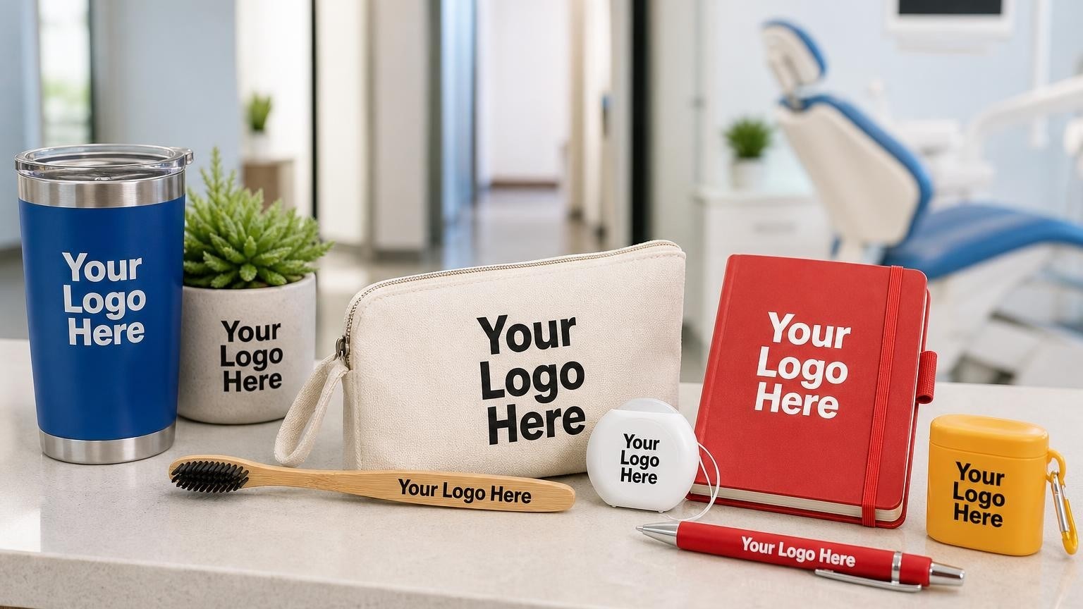 A standardized new patient welcome kit containing a bamboo toothbrush and dental floss on a dental clinic reception counter.