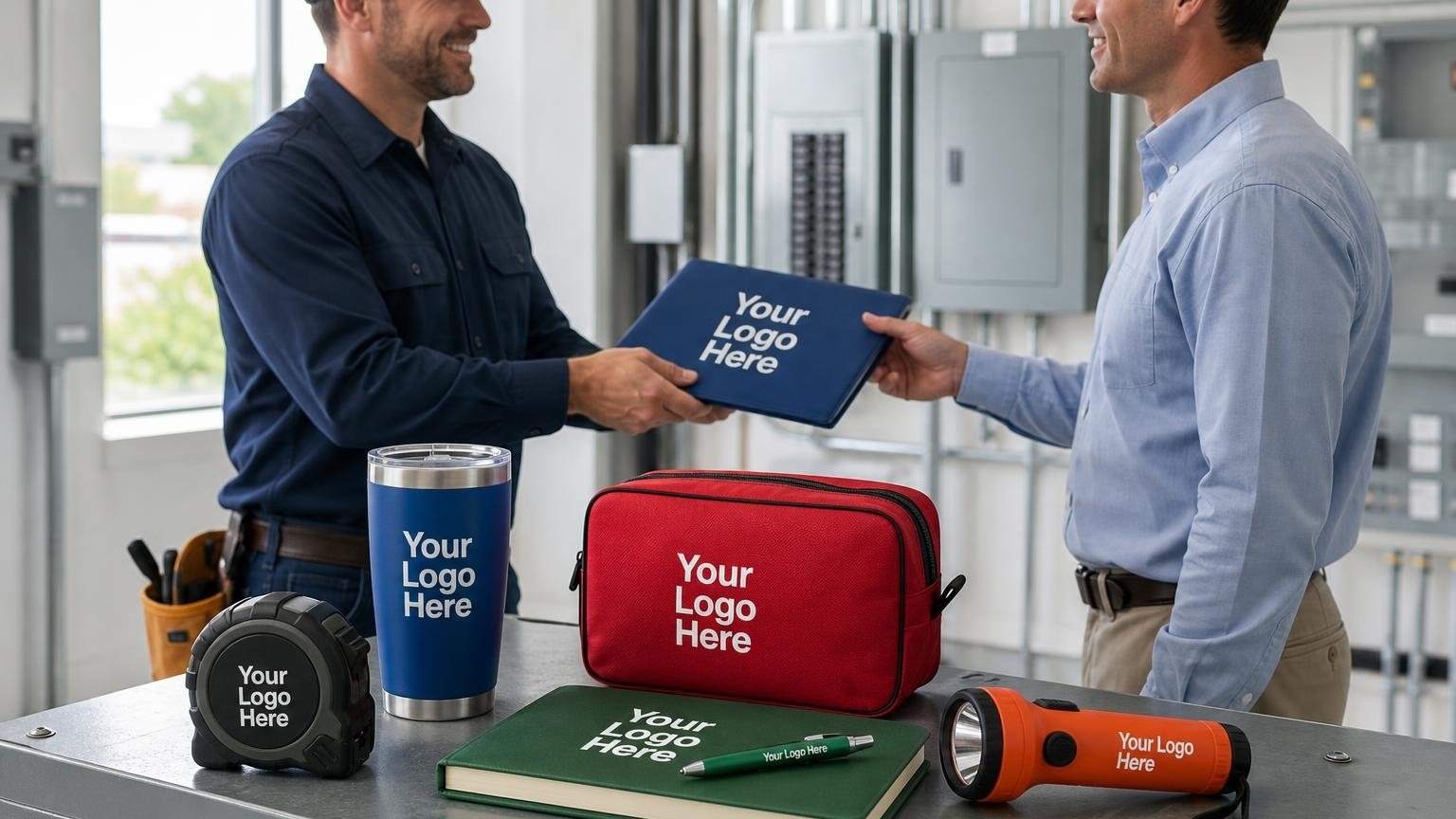 A custom branded tape measure resting on a metal breaker panel door during a professional electrical service handoff.
