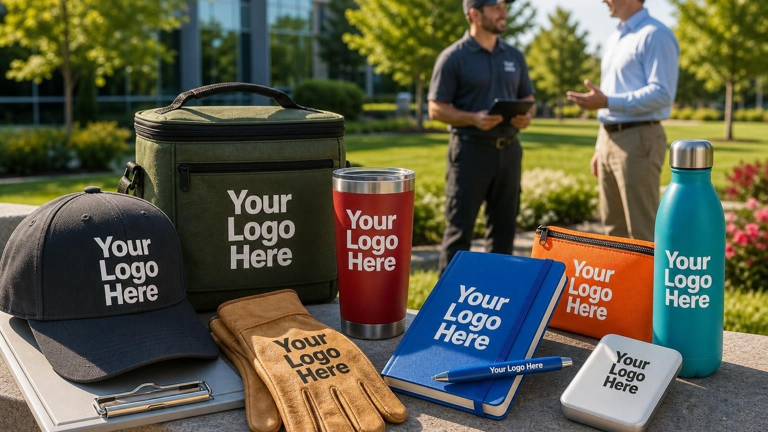 A structured dark charcoal baseball cap with a subtle custom emblem resting on a clean aluminum clipboard on a manicured lawn, with a professional landscaping crew lead consulting a property manager in the soft-focus background.
