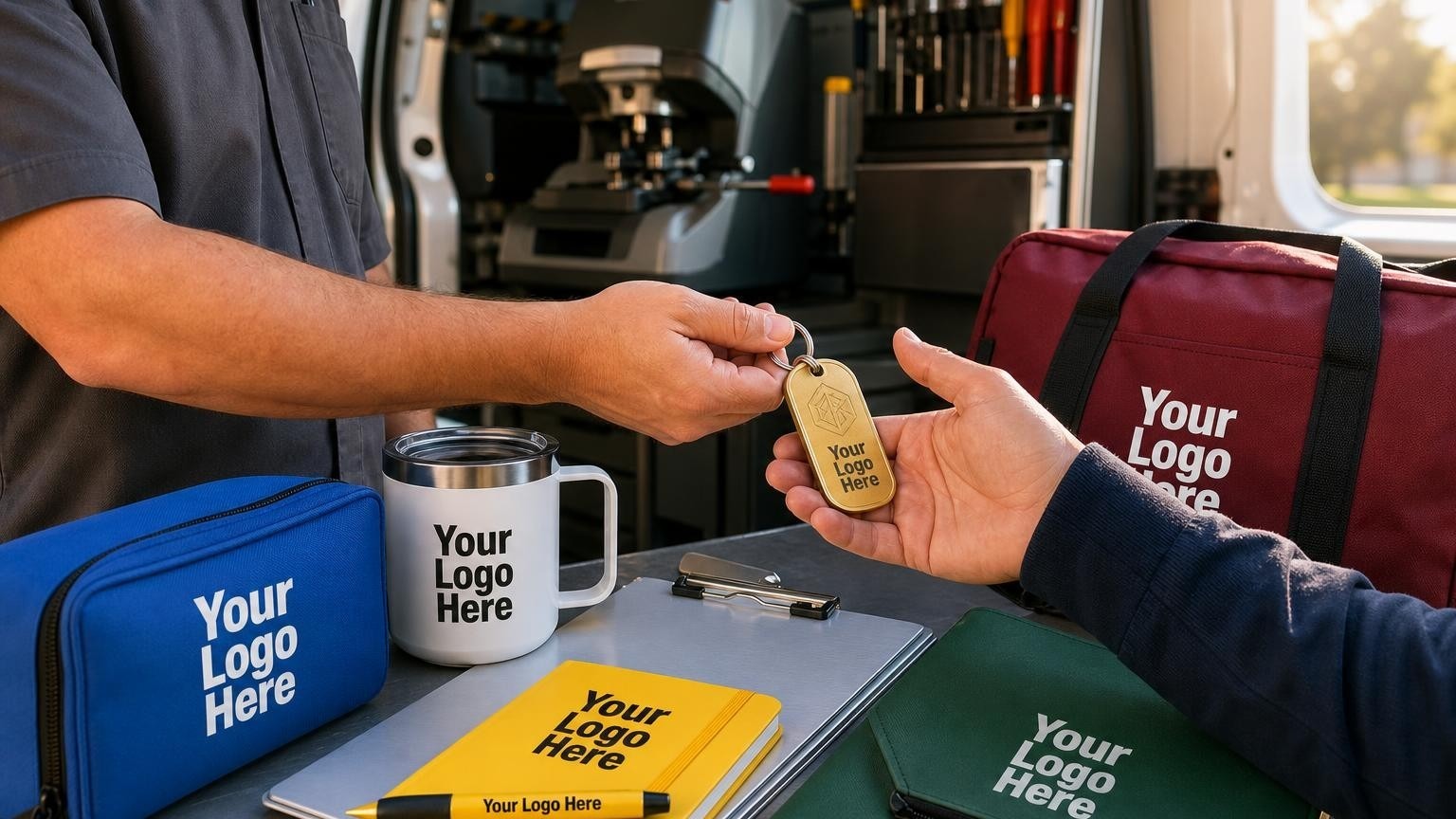 A custom engraved brass key tag on an aluminum clipboard inside a professional locksmith service van.