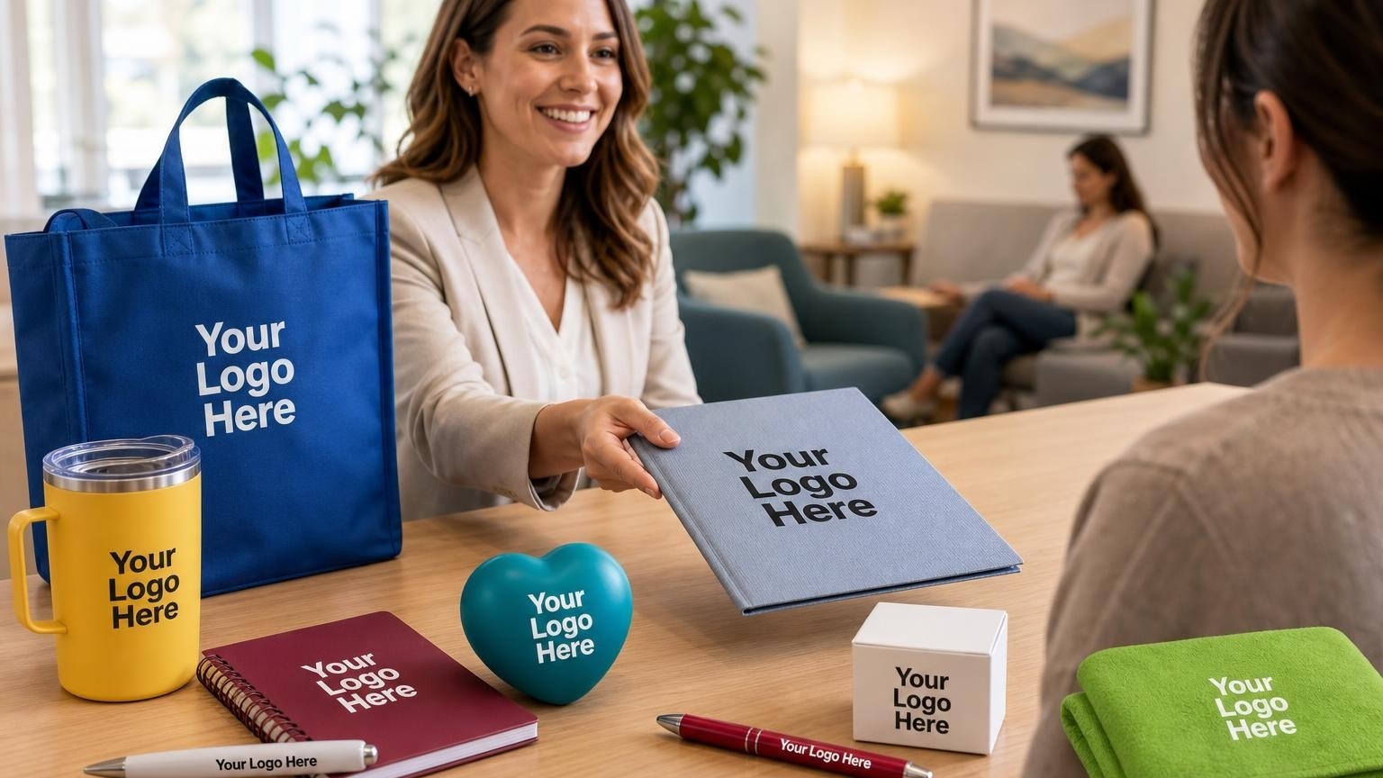 A high-quality heart-shaped stress ball with a subtle debossed emblem resting on a clinic reception desk next to a welcome folder and pen.
