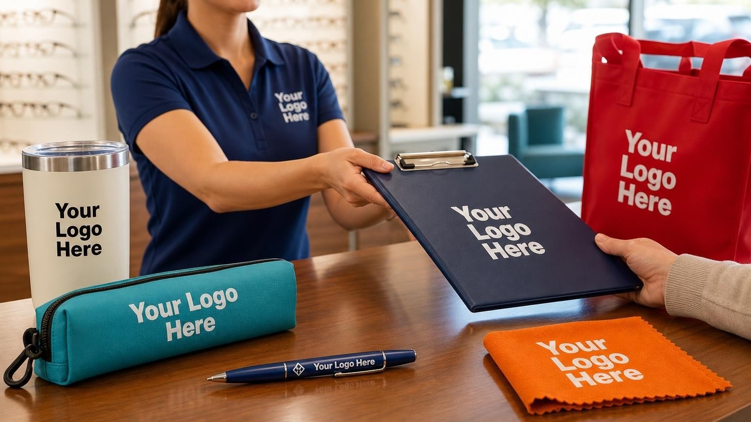 A high-quality custom pen resting on an optometry clinic reception desk next to a patient intake clipboard, with a professional staff member in a matching polo shirt in the background.