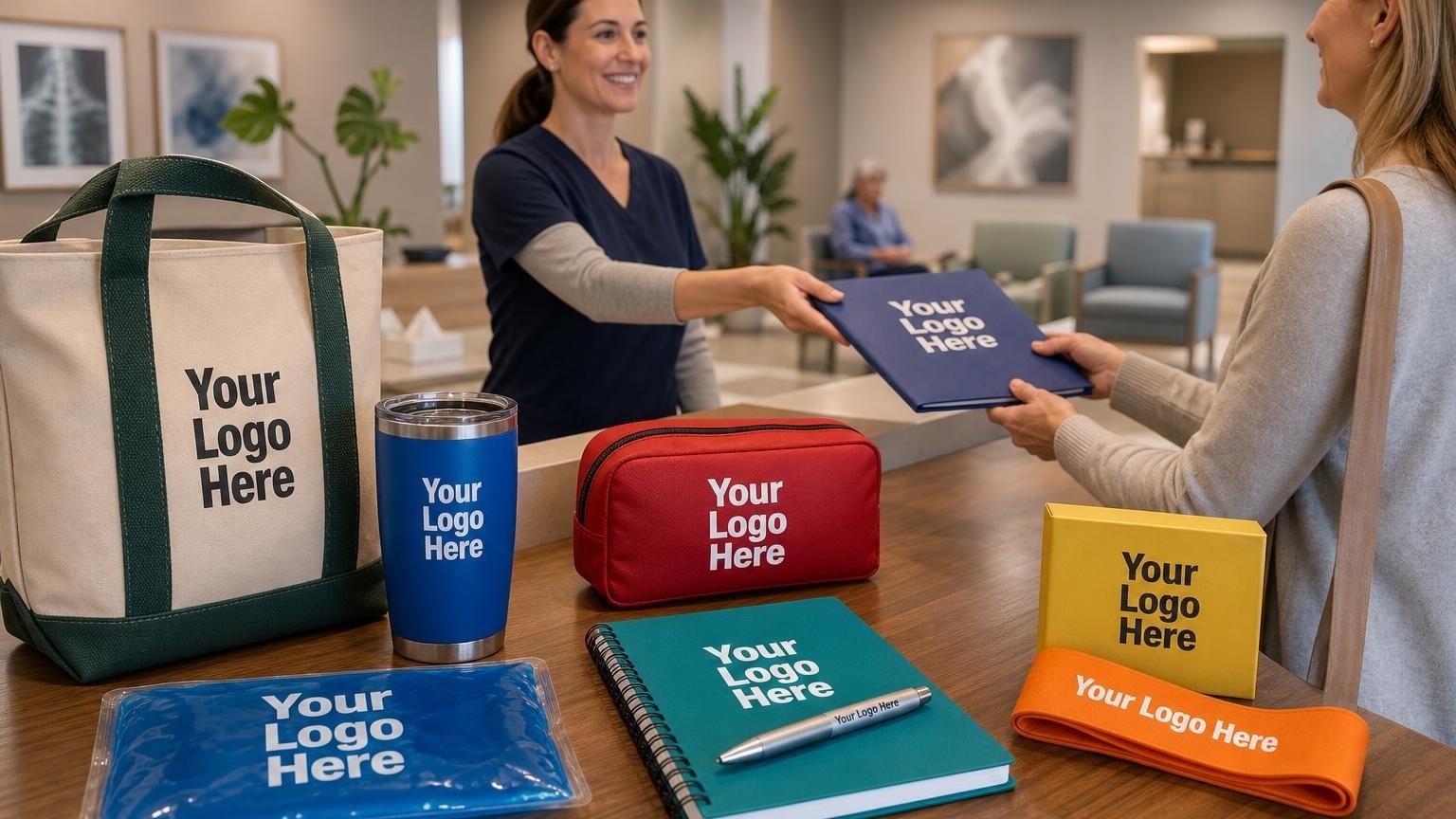 A durable blue gel cold pack and patient intake folder on an orthopedic clinic check-in desk, representing standardized patient onboarding.