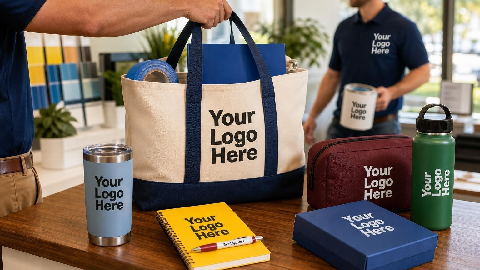 A custom canvas utility tote with painting project supplies resting on a wooden counter in a professional painting office.