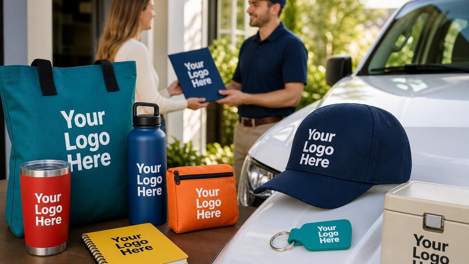 A custom embroidered baseball cap resting on a service truck hood with a technician handing a folder to a homeowner in the background.