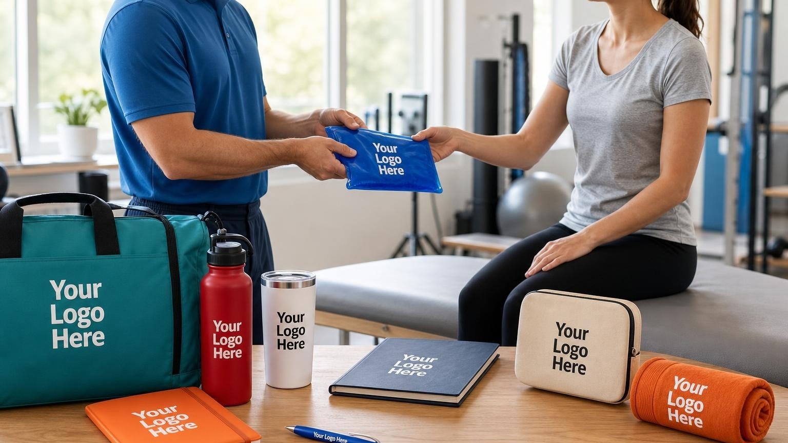 A custom branded cold pack and home exercise logbook being handed to a patient by a physical therapist in a clinic treatment room.