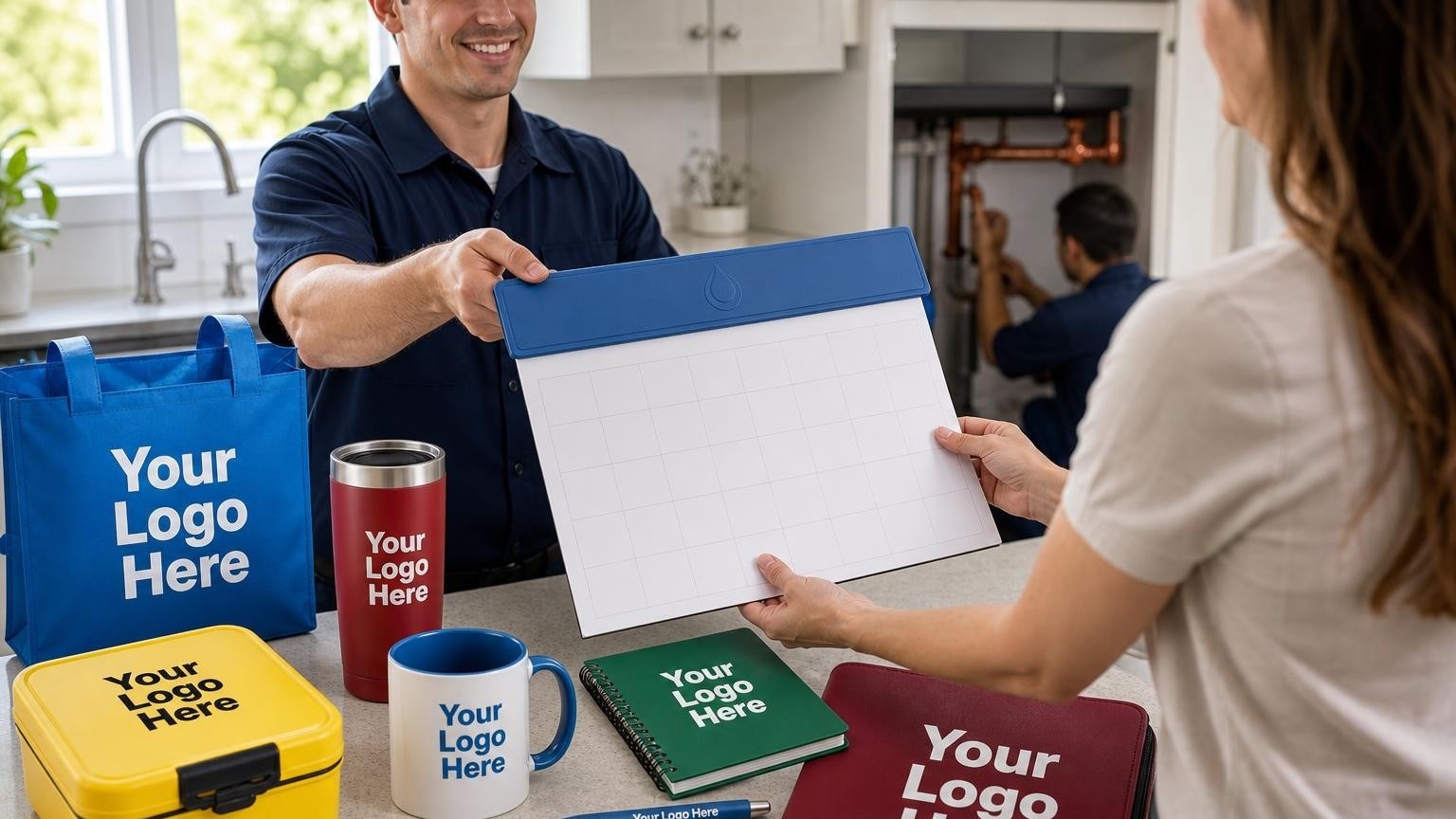 A professional plumbing technician hands a custom magnetic calendar to a homeowner in a bright kitchen after completing a repair.