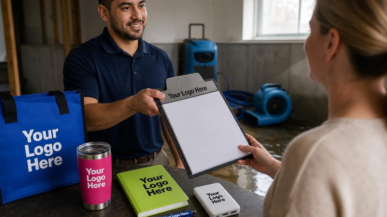 A professional restoration technician in a navy polo shirt hands a branded clipboard with intake paperwork to a homeowner in a flooded basement.