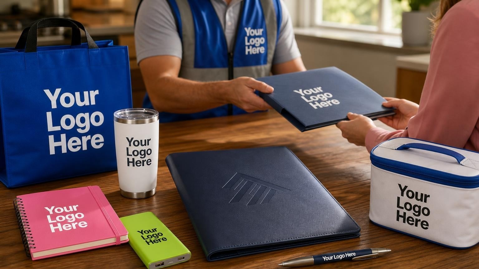 A high-quality branded document folder and pen resting on a kitchen table during a professional roofing warranty handover.