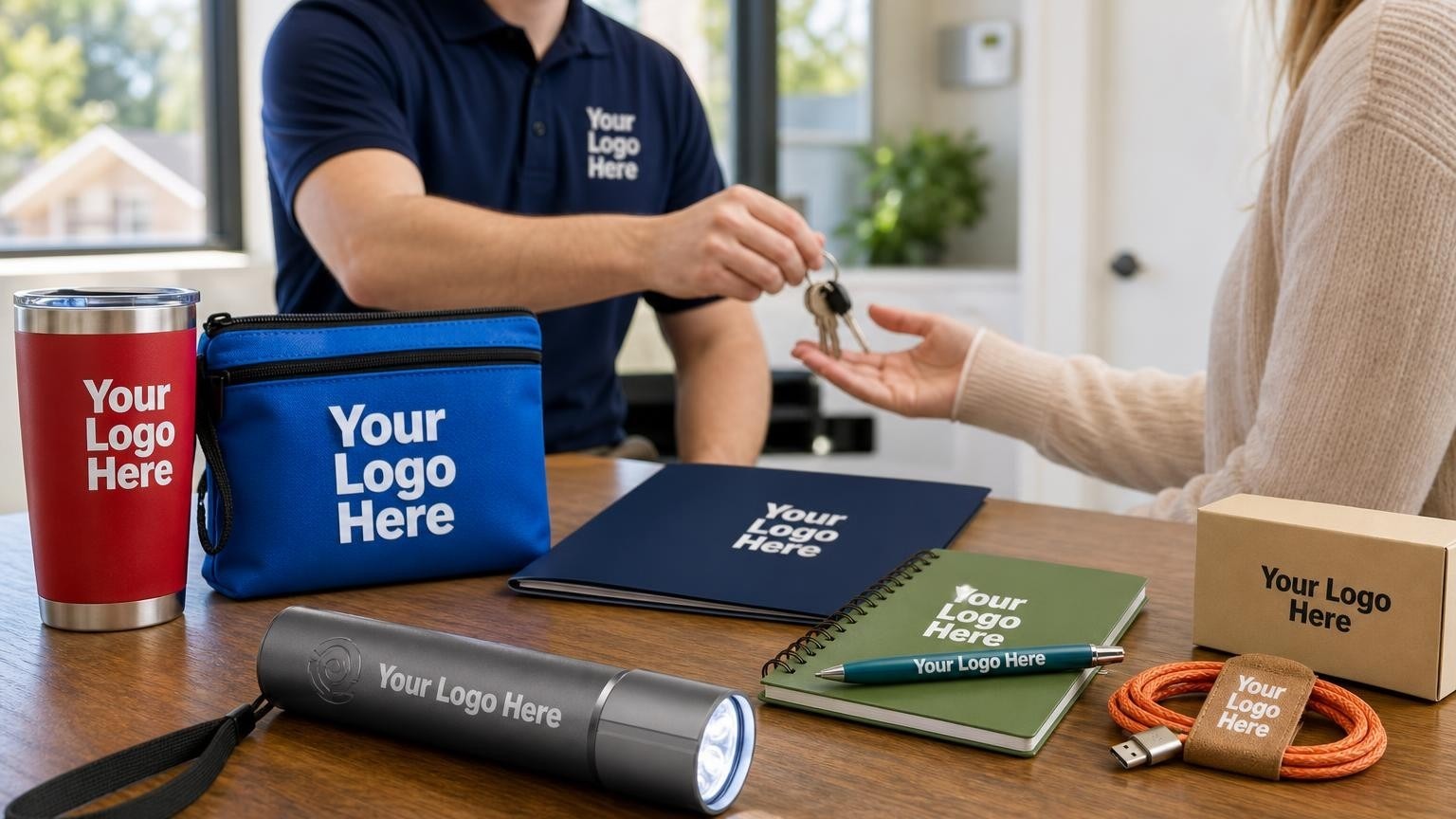 A custom anodized aluminum flashlight and a navy blue welcome folder on a wooden desk in a security branch office as a technician hands keys to a customer.
