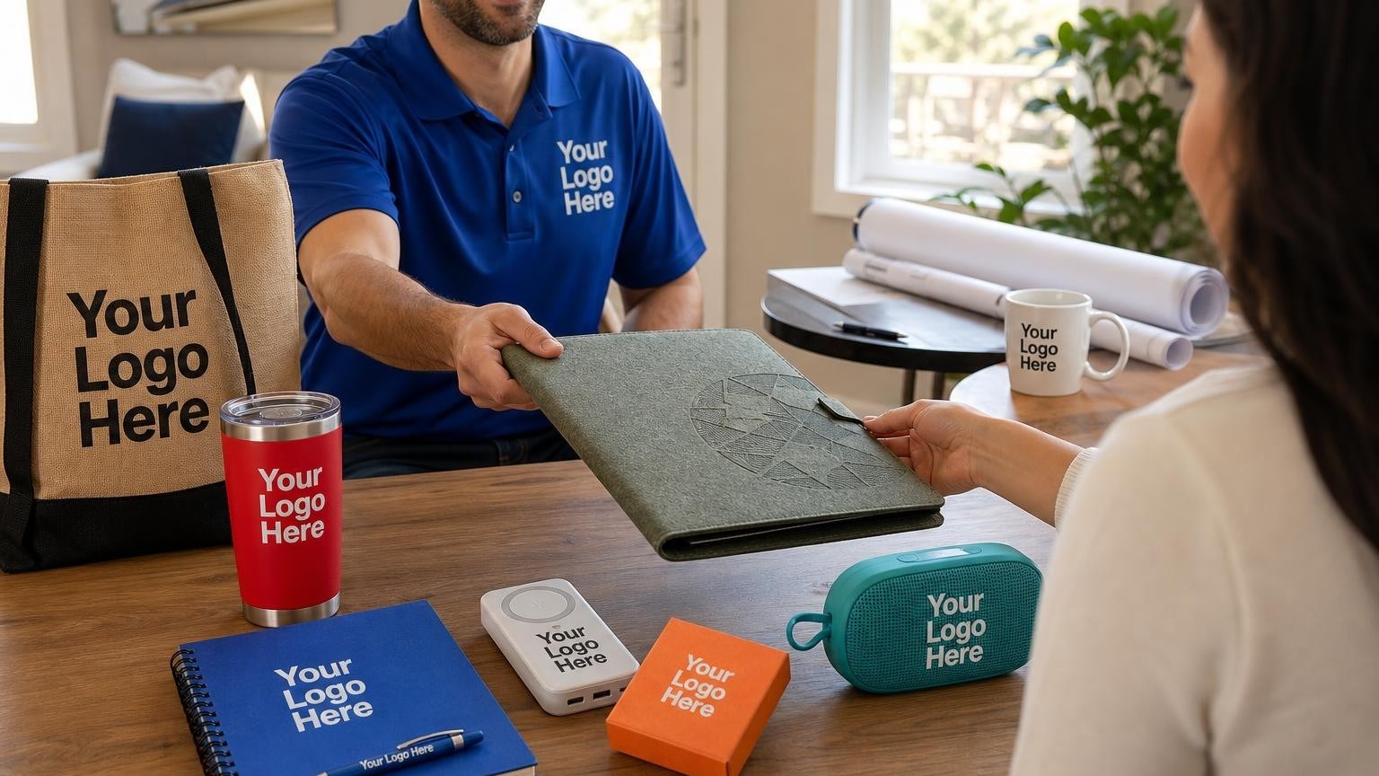 A custom branded eco-friendly document organizer being handed to a homeowner in a bright solar sales office.