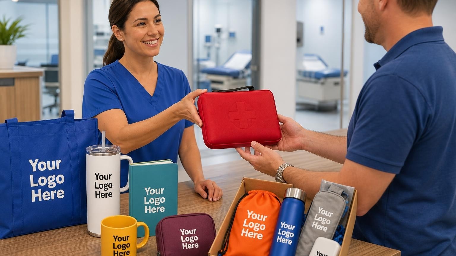 A custom red first aid kit being handed over at an urgent care clinic counter to a local business representative.