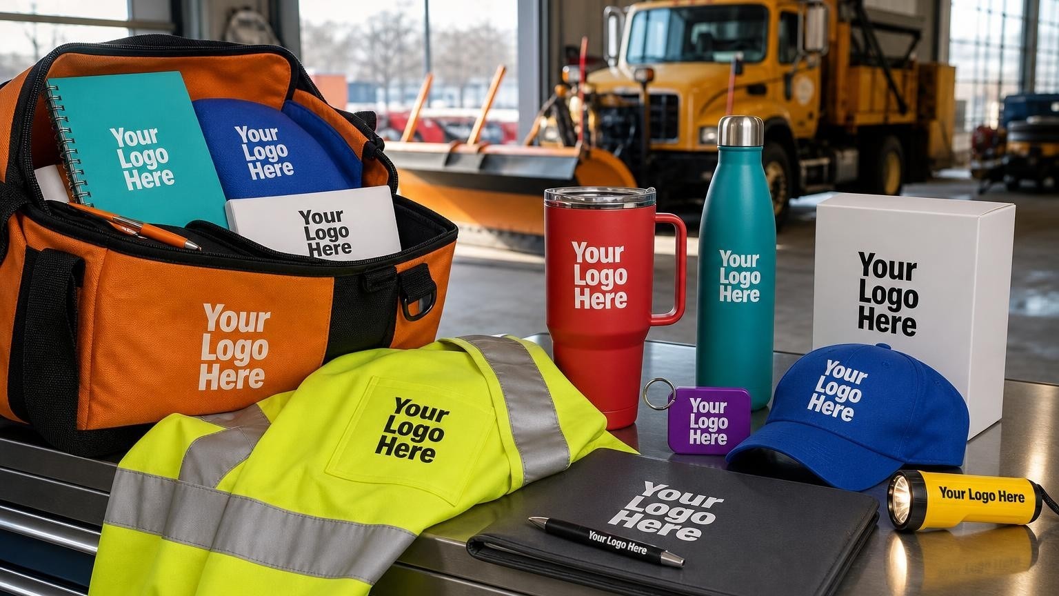 A high-visibility safety vest and heavy-duty travel mug sitting on a steel tool chest inside a municipal fleet garage.